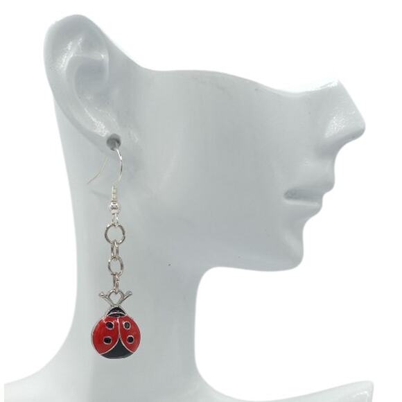 Ladybug Charm Dangle Earrings – Cute Red & Black Jewelry Lady Bug jewelry - Picture 2 of 4